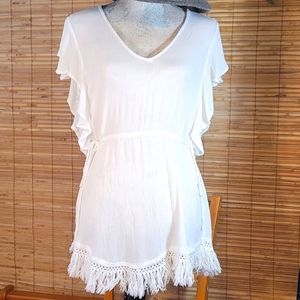 BCBG Fringed Flutter Sleeve Tunic/Minidress
